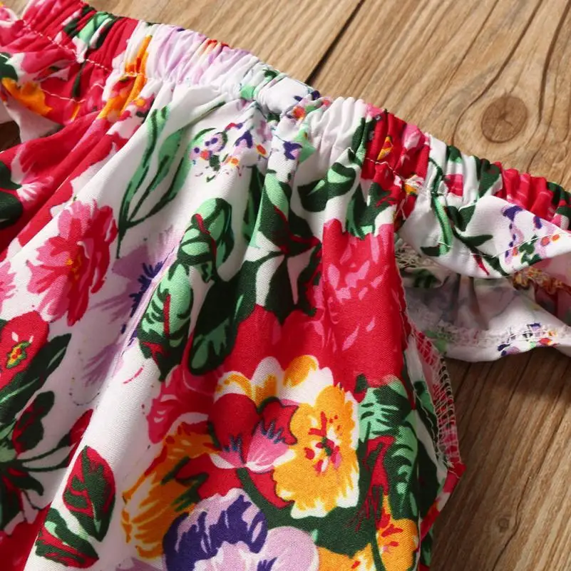 2017 г. Модная летняя детская одежда синего и красного цвета комбинезон с цветочным