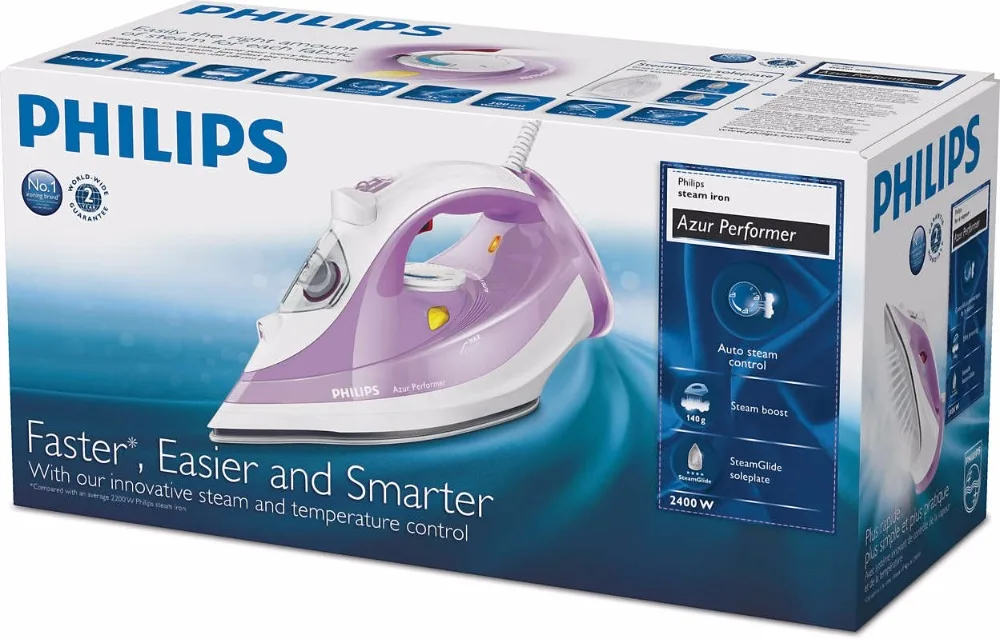 Philips Azur Performer Паровой утюг Подача пара 40 г/мин паровой удар 140г Подошва SteamGlide