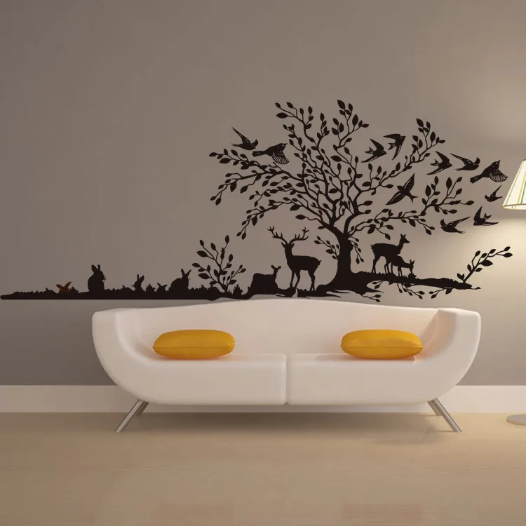 Jungo Hand Calligraphic Wall Decal Sticker Scenery of the Tree Birds on Rabbit Deers Playing under Art Mural | Дом и сад