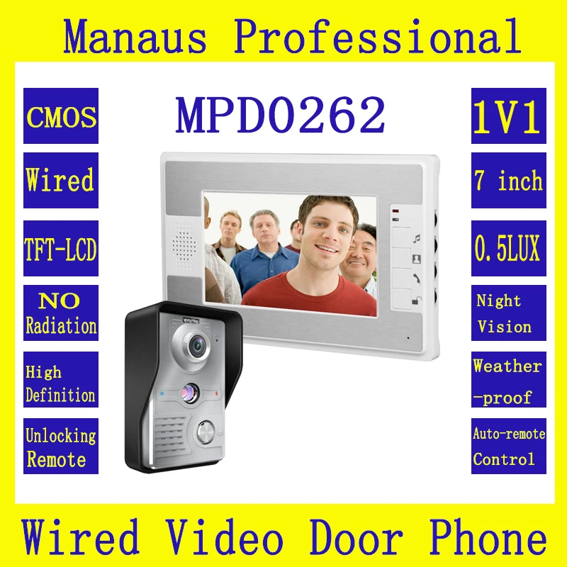 Smarthome 7 дюймов TFT цветной экран видео дверной звонок Домофон комплект 1-камера