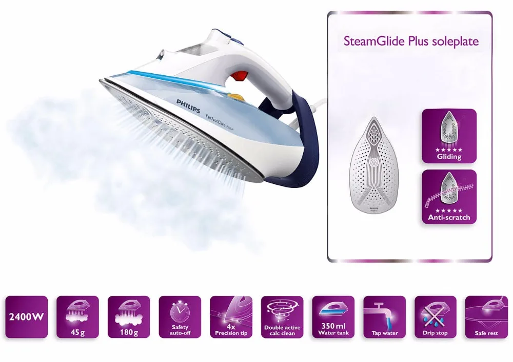 Philips PerfectCare Azur Steam iron with OptimalTemp technology and SteamGlide Plus soleplate 45g/min GC4910/10 | Бытовая техника