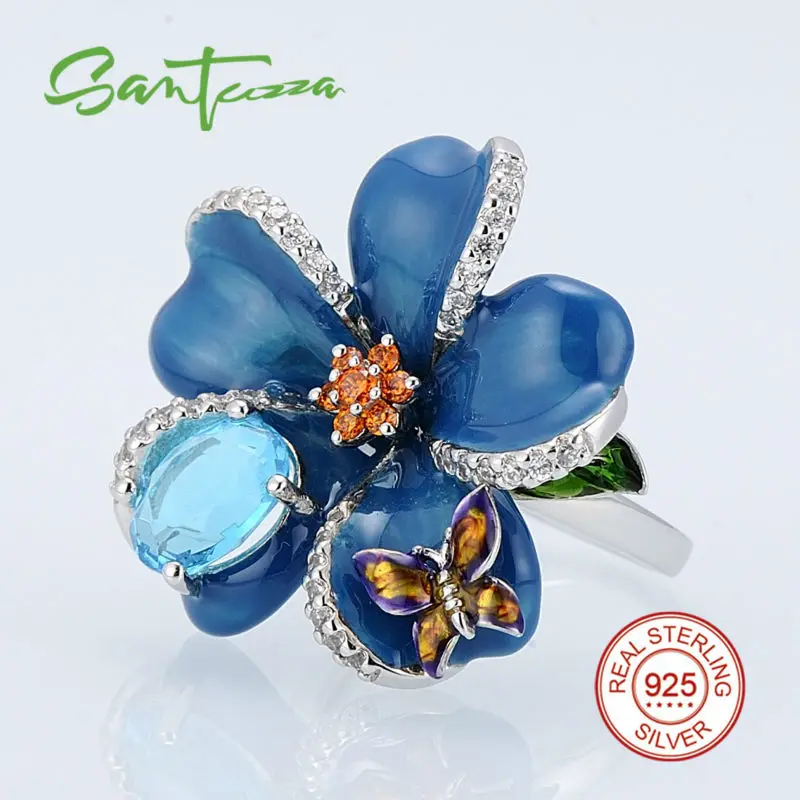 SANTUZZA, серебряное кольцо в виде цветка для женщин, 925 пробы, серебряные Модные кольца для женщин, кольцо с кубическим цирконием, вечерние ювелирные изделия с эмалью