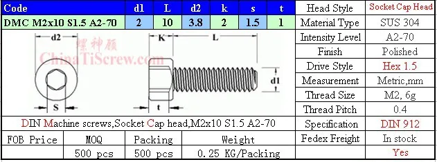 Винты из нержавеющей стали M2x10 DIN 912 A2-70 полированные ROHS 100 шт
