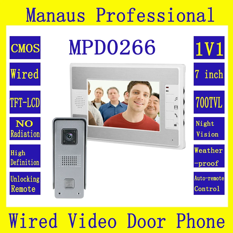 

7 inch Color Display Video Door Phone System 1V1 Doorbell Intercom 1-camera 1-monitor Night Vision Fashion Video Intercom D266b