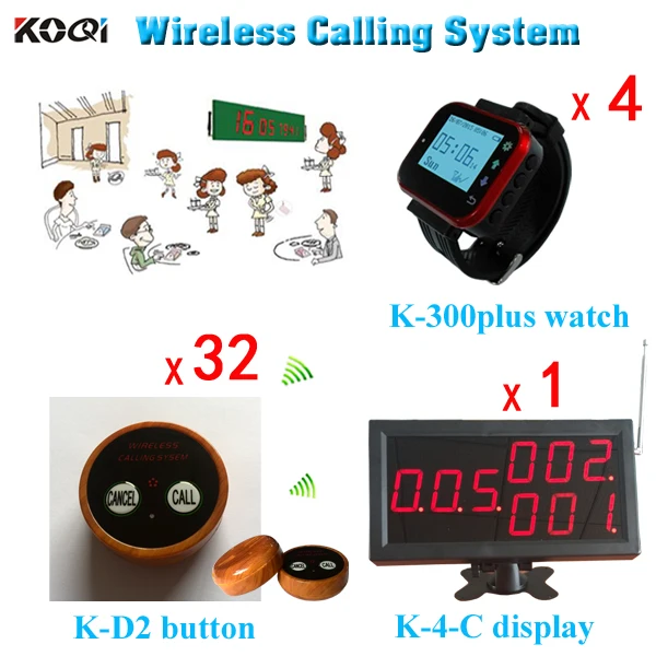 Wireless Waiter Calling System Bowling Alley Equipment 1 Screen Board , 4 Watch K-300plus With 32 Buzzer Button Change Language