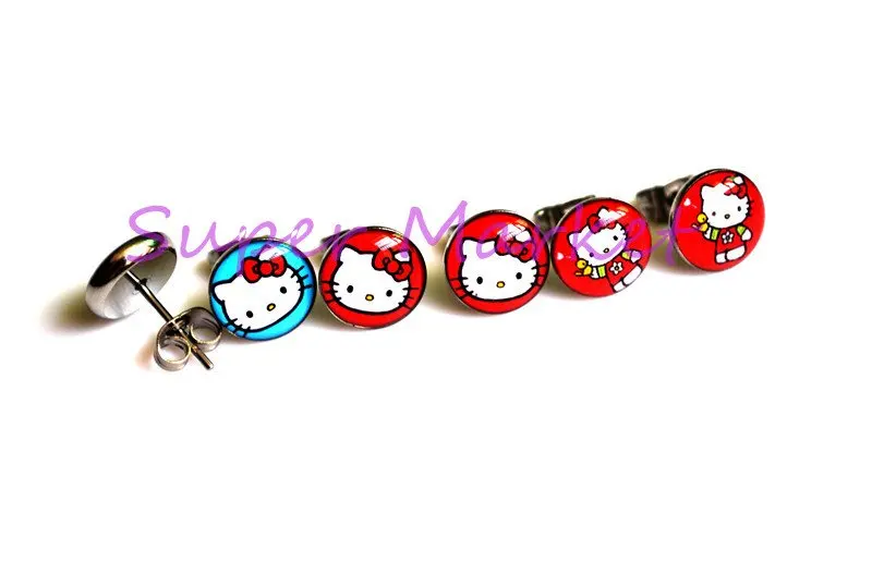 Новые hello kitty милый кот 3 стильные серьги из нержавеющей стали 316L ушное кольцо гвоздики Красный Синий 8 мм шар Горячая Распродажа продвижение ювелирных изделий