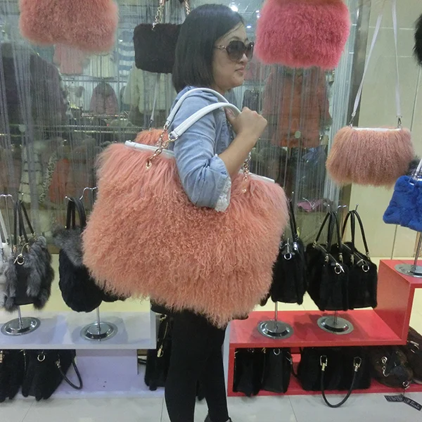 Wholesale Price Ladies White Sheep Fur Handbag / Real Fur Bags