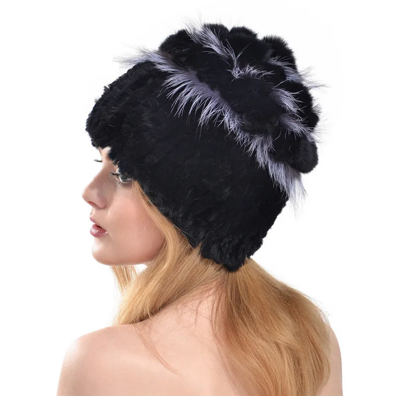 

2016 New Knit Rex Rabbit Hat With Silver Fox Fur Hat Flower Good Quality Super Elastic Real Fur Cap with Lining LH348