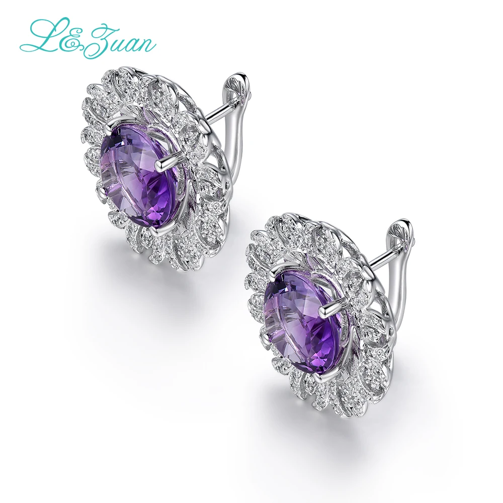 Женские серьги клипсы с натуральным аметистом I & Zuan элегантные круглые из
