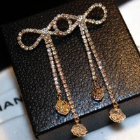 hot sale fashion lady full rhinestones bow knot long tassels party drop earrings for women dress jewelry