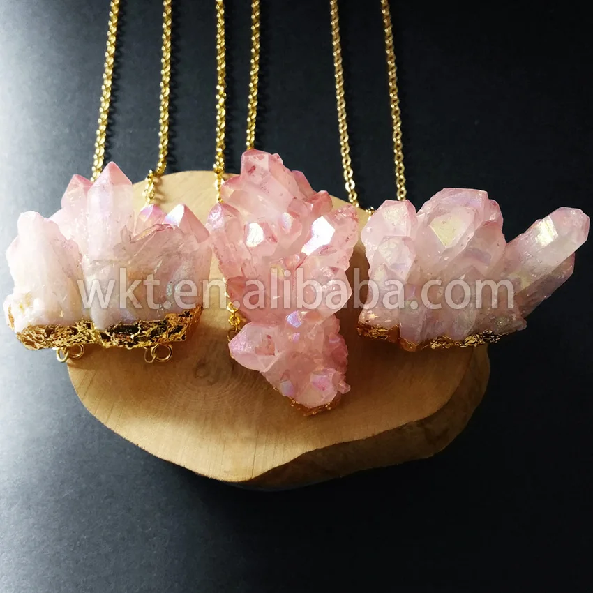 WT-N533 Wholesale 10pcs raw quartz aura necklace rough pink cluster Aura with gold color on edge | Украшения и аксессуары