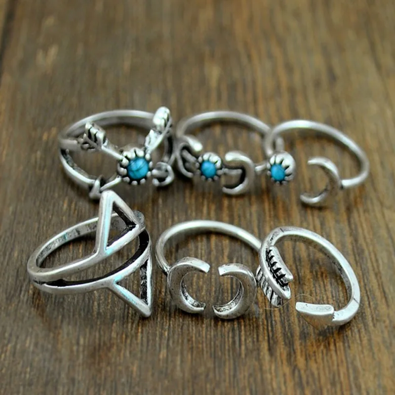6 шт. новый стиль кольца набор панк луна стрелы кольцо античное серебро Bohomia Midi для