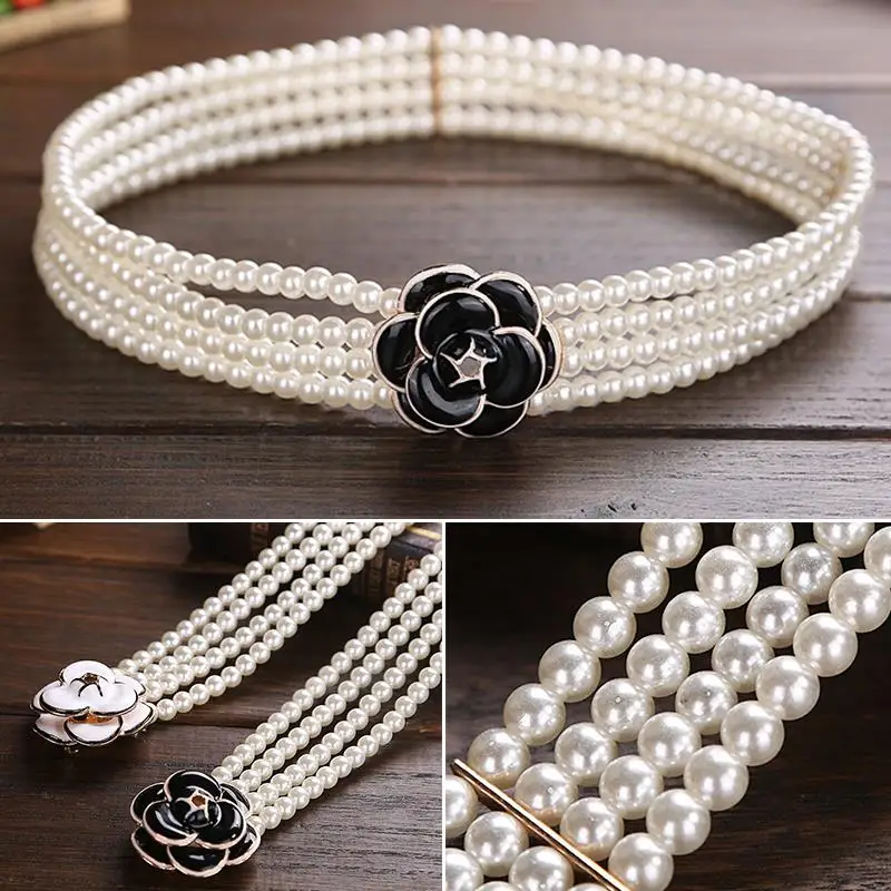 FEECOLOR эластичный пояс женские жемчужные пояса четыре ряда Beadings Пояс с цветочными