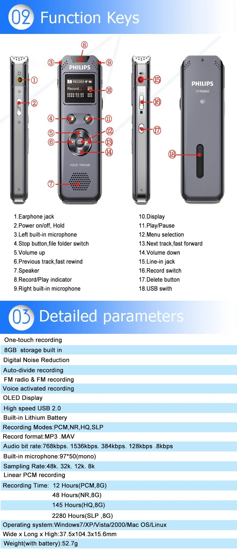 Цифровой диктофон USB PHILIPS 8GB Flash www. Портативный MP3 Воспроизведение музыки с REC и поддержка A-B Повтор VTR5800