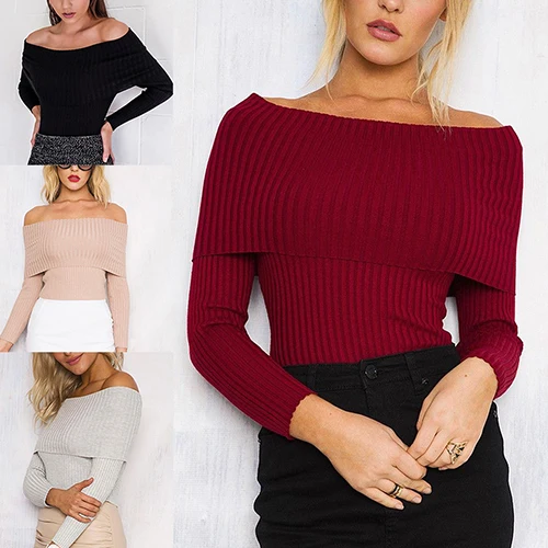 Женщины Сексуальная С Плеча Вязаный Свитер Повседневная Длинным Рукавом Тонкий