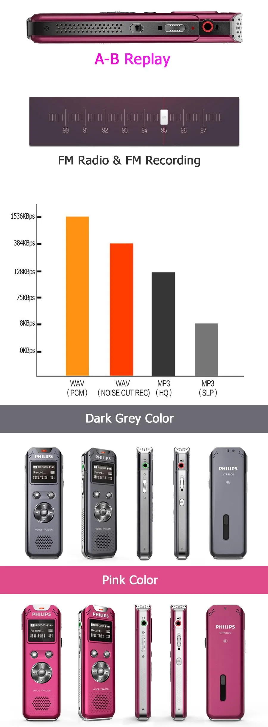 Цифровой диктофон USB PHILIPS 8GB Flash www. Портативный MP3 Воспроизведение музыки с REC и поддержка A-B Повтор VTR5800