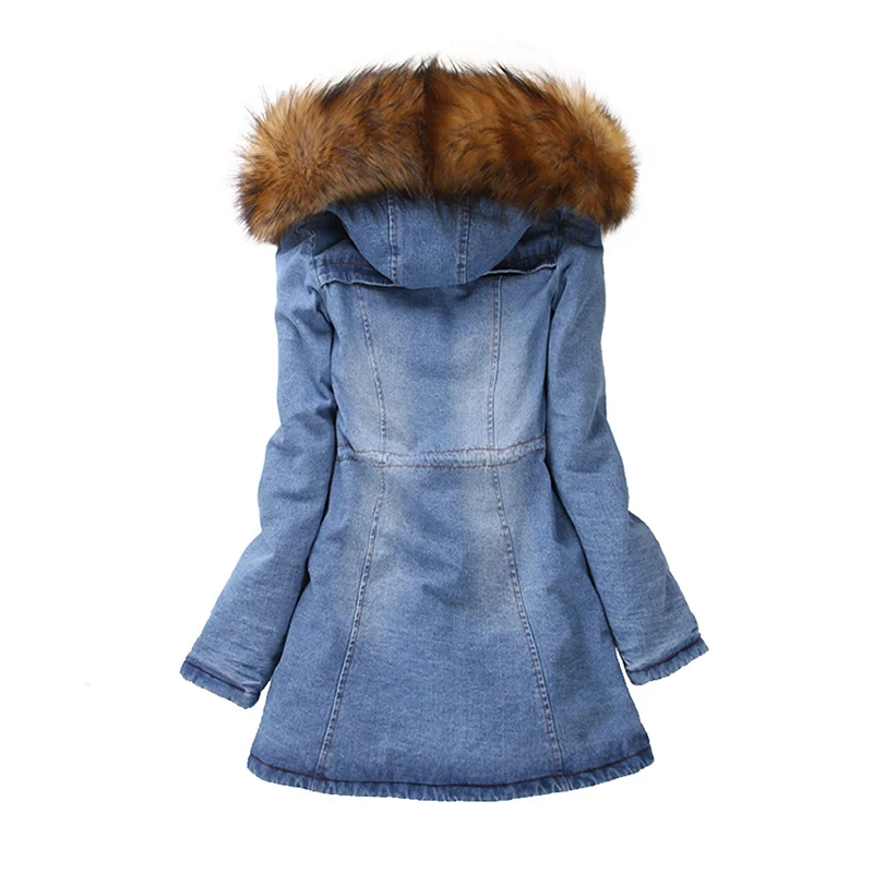 Сезон Зима 2016 меховая парка с капюшоном женские куртки джинсовые плотные