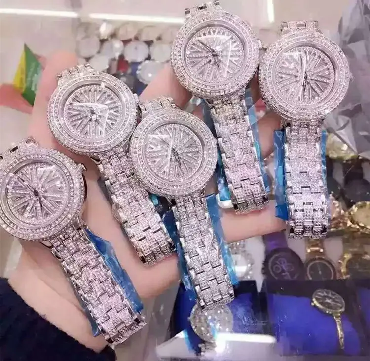 Топ роскошные женские часы из нержавеющей стали блестящие с вращением большим