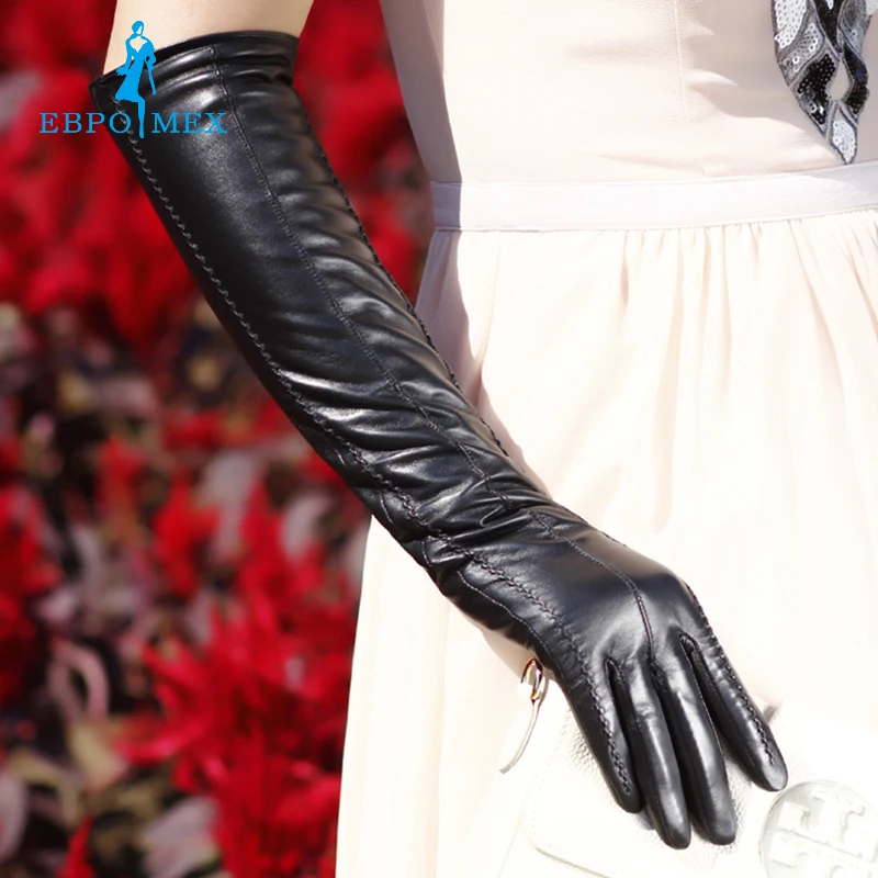 2016 модные женские кожаные перчатки, Натуральная Кожа, Хлопок, Взрослый, Черный, Длина 45-48 СМ, спандекс, кожаные перчатки от AliExpress RU&CIS NEW