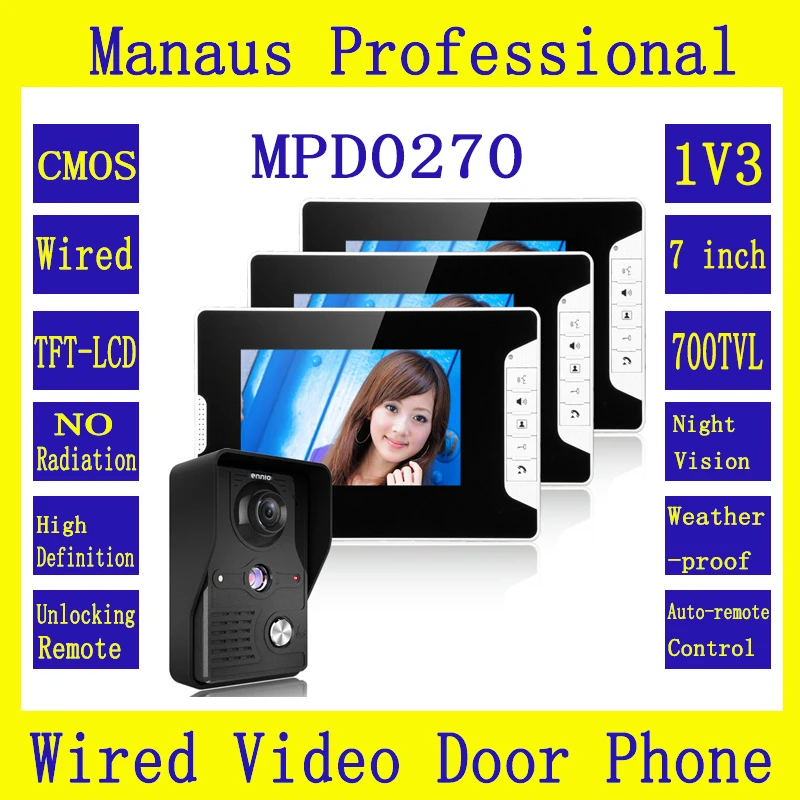 

Three Black 7" TFT Color Screen Video Door Phone Doorbell Intercom Kit 1- NightVision camera 2-monitor 1V3 Doorphone System D270