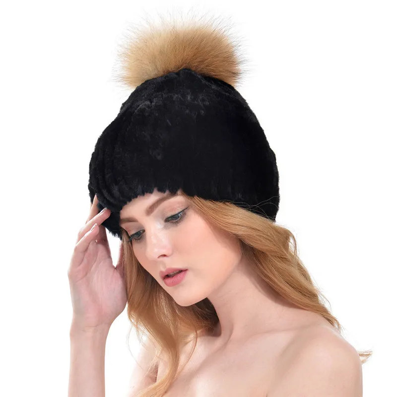 

2016 New Fashion Natural Fur Caps Women Real Rex Rabbit Fur Hat With Fur Raccoon Fur Pom Poms Knit Caps LH344