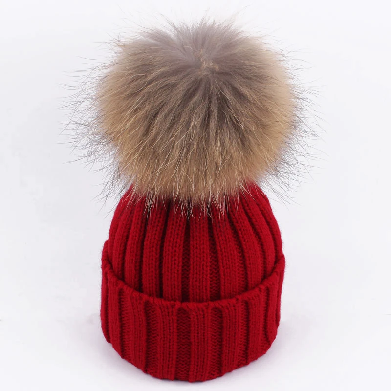 2017 Fashion Baby Hat Winter Raccoon Fur Hats Accessories 100% Real 15cm pompom Beanie Cap Natural For Children | Тематическая
