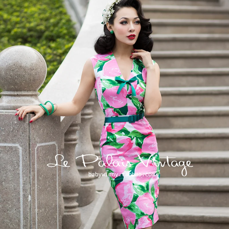 Женское винтажное платье карандаш размера плюс 4xl розовое с лимонным бантом и v