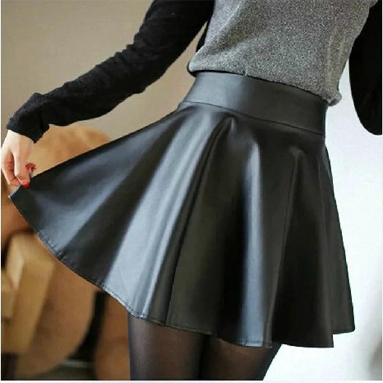 New Sexy Mini Skirt Winter Pu Leather Plus Velvet Skirts High Waist Pleated Cake Leisure Womens D1825 | Женская одежда