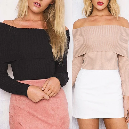 Женщины Сексуальная С Плеча Вязаный Свитер Повседневная Длинным Рукавом Тонкий