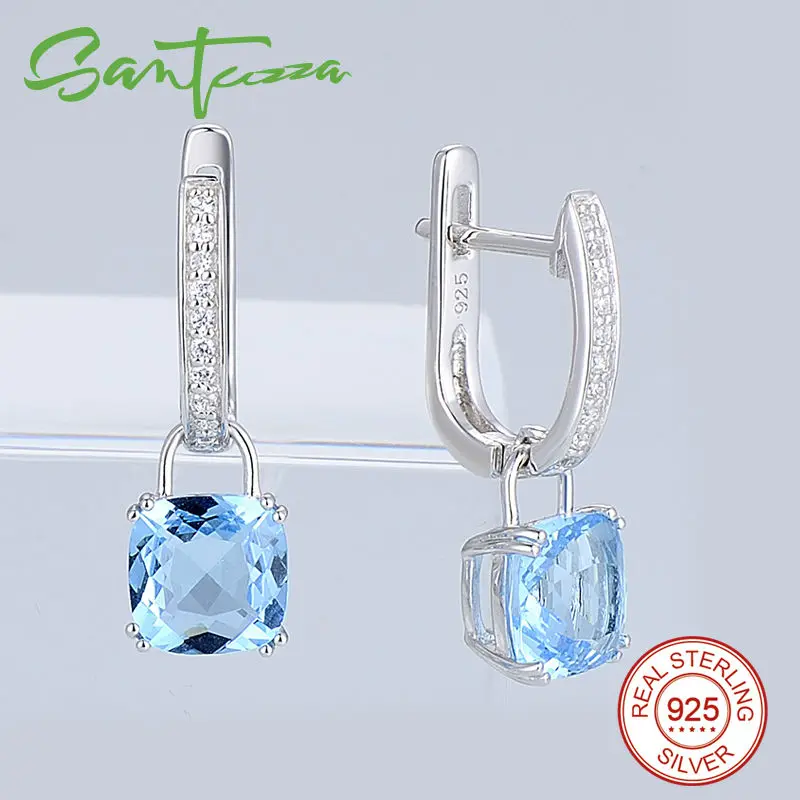 SANTUZZA серебряные серьги для женщин 925 пробы серебряные висячие серьги сережки Небесно-Голубой Кубический Цирконий brincos модные ювелирные изделия