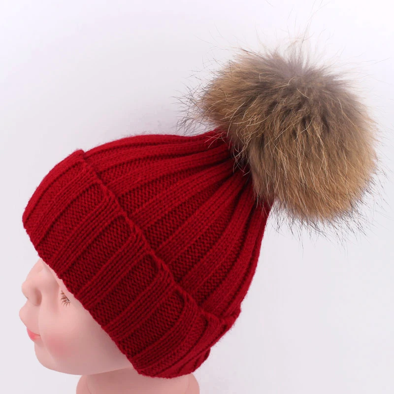 2017 Fashion Baby Hat Winter Raccoon Fur Hats Accessories 100% Real 15cm pompom Beanie Cap Natural For Children | Тематическая