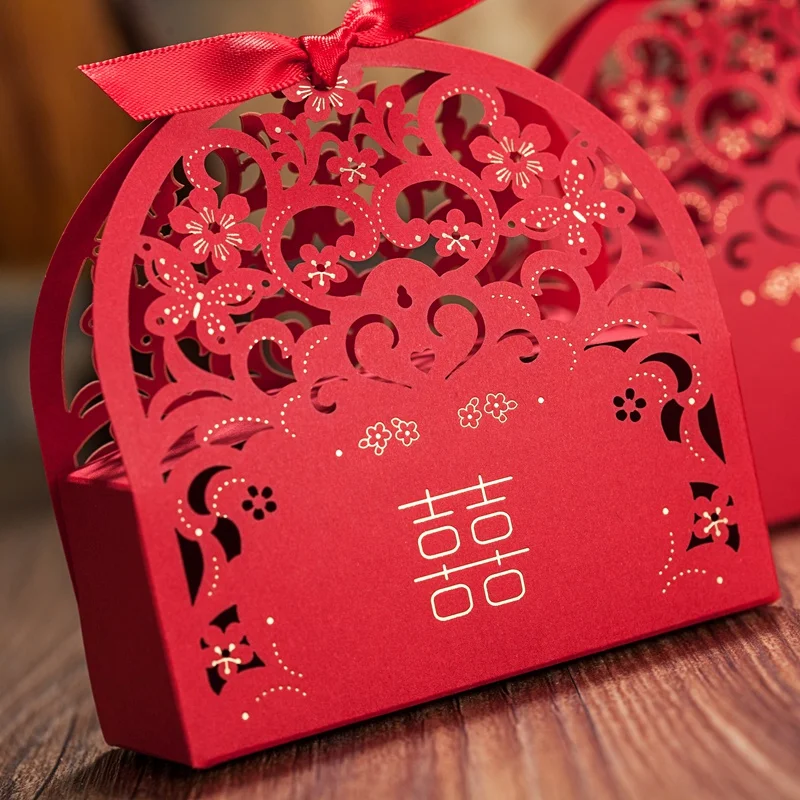 Азиатский тематические красного цвета Двойной Счастье Свадебная коробка конфет
