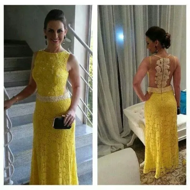 Урожай желтый шеи кружева совок длинные длиной до пола платье выпускного вечера
