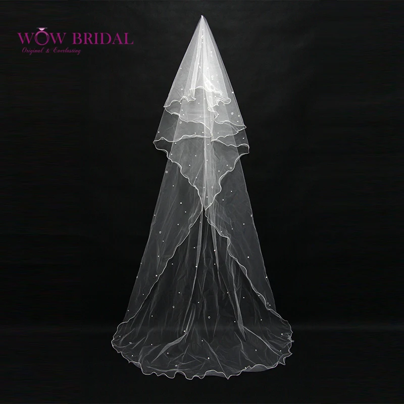 Wowbridal изящные невесты фата сладко-сердечные жемчуг бисера органзы развертки поезд свадебные аксессуары