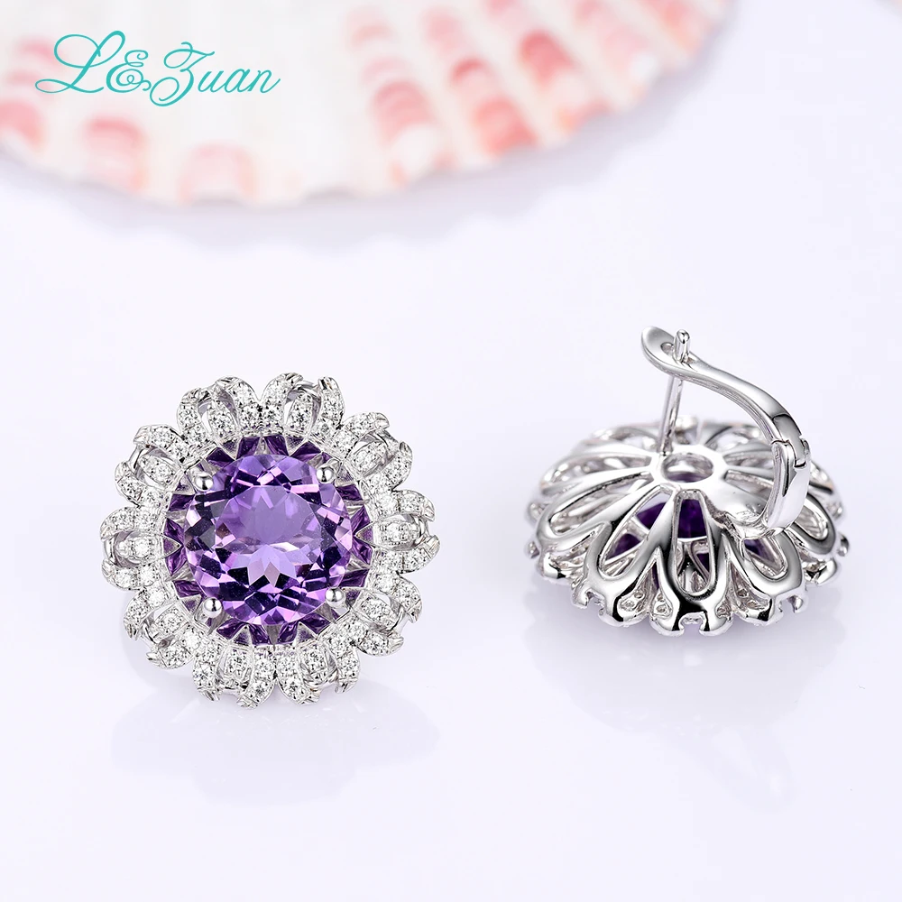 Женские серьги клипсы с натуральным аметистом I & Zuan элегантные круглые из