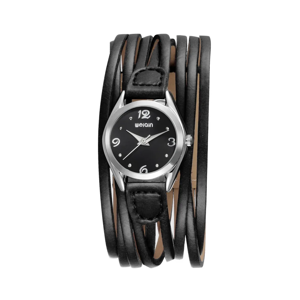 WEIQIN Мода Браслет Роскоши Кварцевые Часы Женщины Личность Черный Кожаный Ремешок