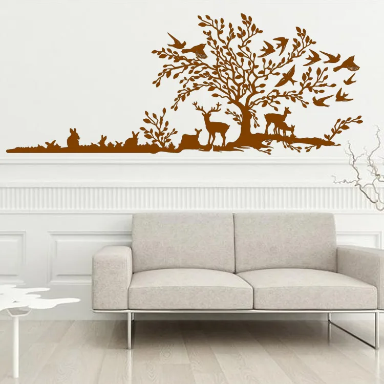 Jungo Hand Calligraphic Wall Decal Sticker Scenery of the Tree Birds on Rabbit Deers Playing under Art Mural | Дом и сад