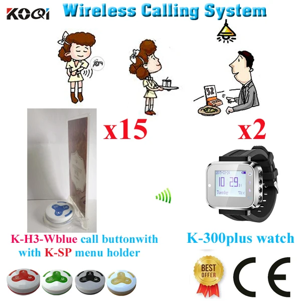 

Waiter Wireless Pager Calling Systems For Restaurant Equipment Pager Watch With Table Bells(2 watch+15 button+15 menu holder)