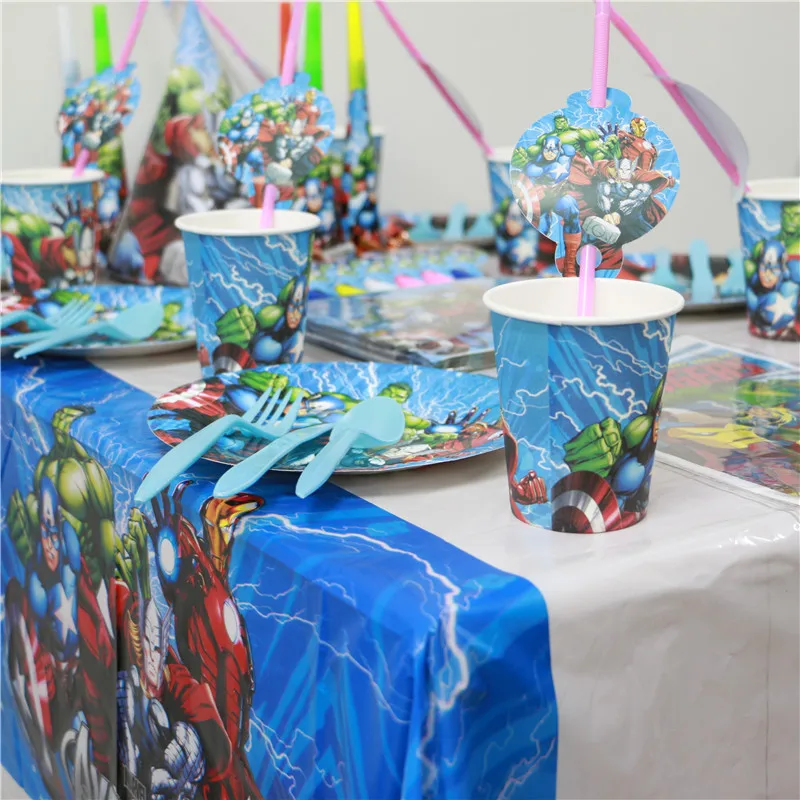 20 person use paper plate cup napkin banner 61pcs/lot kids girl happy birthday party decoration supplies favor cartoon avenger |
