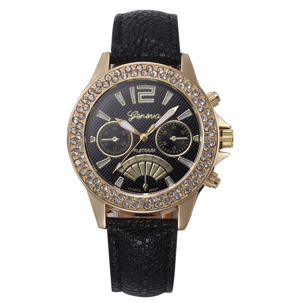 

Wholesale Top Fashion Men Women Geneva Leather Watch Hot Sale Casual Watches Women Rhinestone Lady Dress Wristwatches