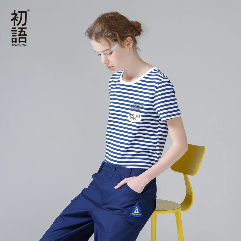 Женская футболка в полоску Toyouth повседневная хлопковая с коротким рукавом и