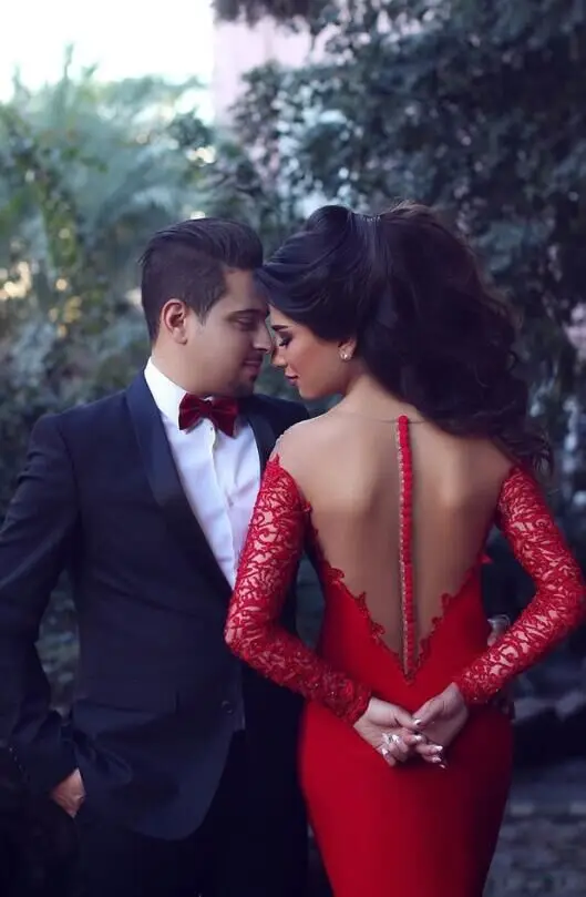 Evening Dress Sexy See Through Back 2016 New Middle East style Red Mermaid Appliques Chiffon Customize vestido de festa longo | Свадьбы и