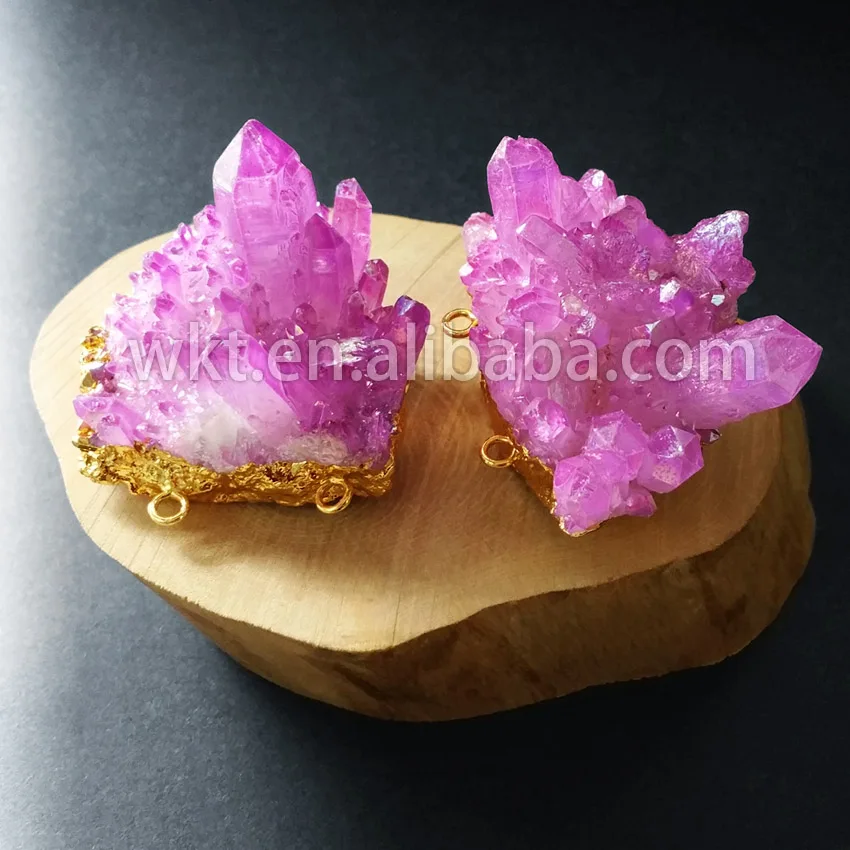 

WT-P621 Wholesale Unique crystal stone natural crystal quartz with gold trim double loops purple cluster quartz pendants jewelry