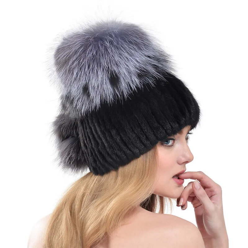 Женская меховая шапка вязаная из натурального меха норки с верхом Меха