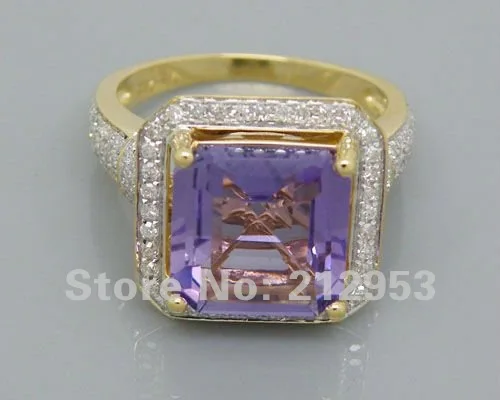 Кольца для женщин Винтаж Принцесса 10 мм 6.22Ct 14Kt Желтое Золото Фиолетовый аметист драгоценный камень бриллианты свадьба обручальное кольцо подарок