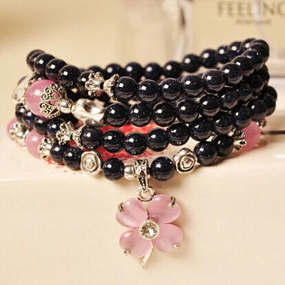 

High-quality Blue Sand Stone Fashion Multilayer Beads Four Leaf Clover Bracelets & Bangles Charm Bracelet Gift Jewelry For Women