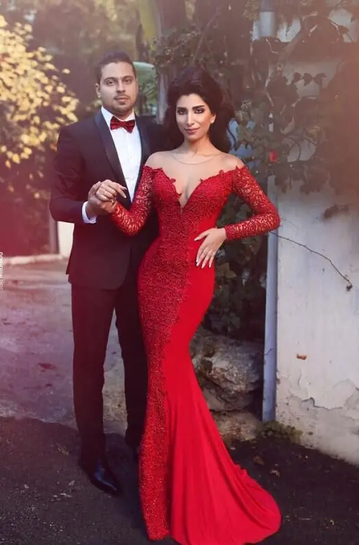 Evening Dress Sexy See Through Back 2016 New Middle East style Red Mermaid Appliques Chiffon Customize vestido de festa longo | Свадьбы и