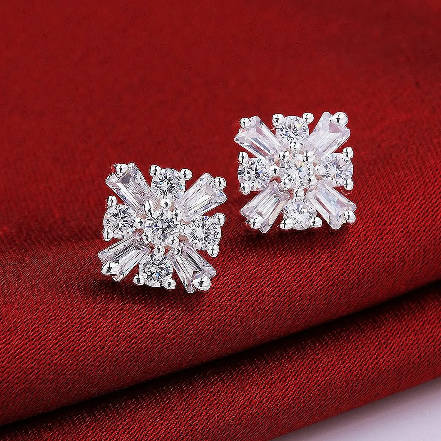 Женские серьги гвоздики из серебра 925 пробы с фианитом|snowflake earrings|fashion stud earringsstud