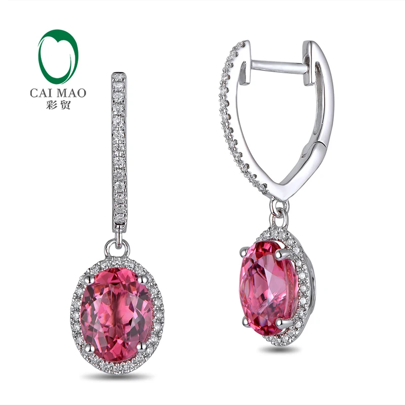 Caimao Jewelry 18KT Белое золото 6x8 мм овальным вырезом 2.58ct розовый турмалин и 0.35ct diamond Обручение Серьги