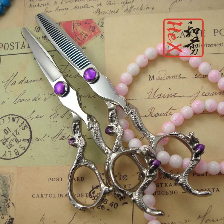 Японские ножницы 440C с фиолетовым драконом для стрижки волос 5 &quot/6&quot